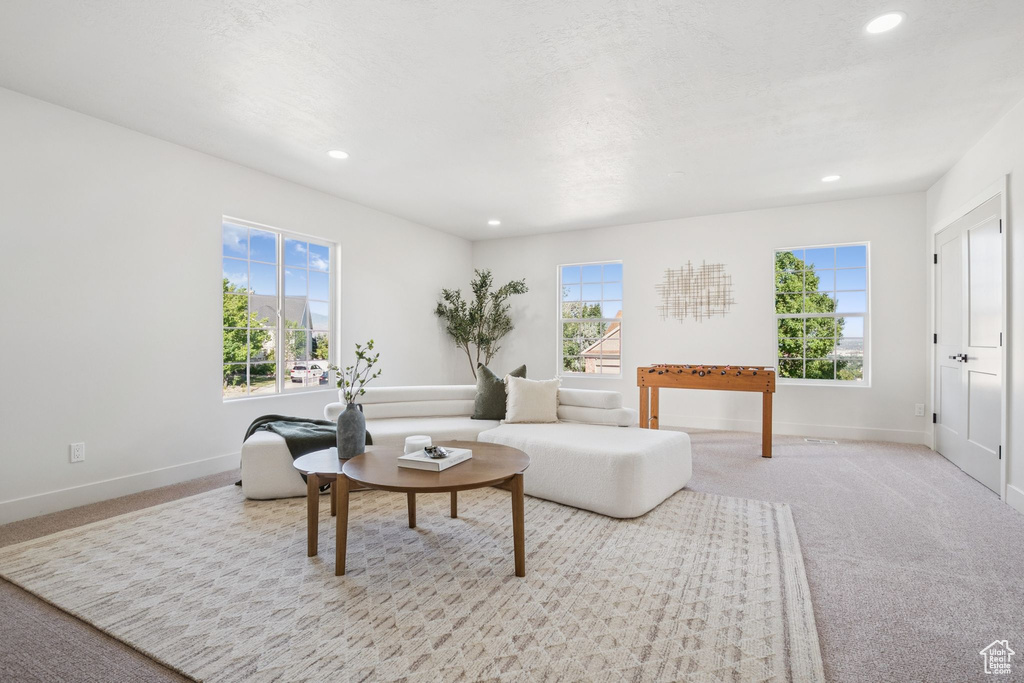 Carpeted living room with recessed lighting