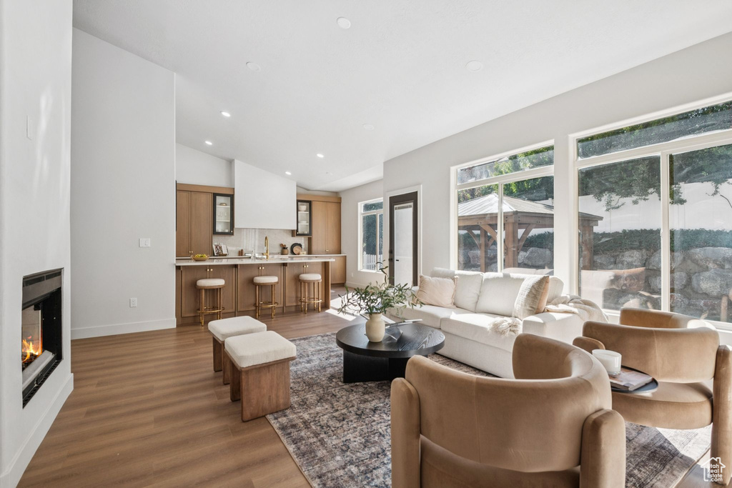 Living area with wood finished floors, lofted ceiling, a glass covered fireplace, and recessed lighting