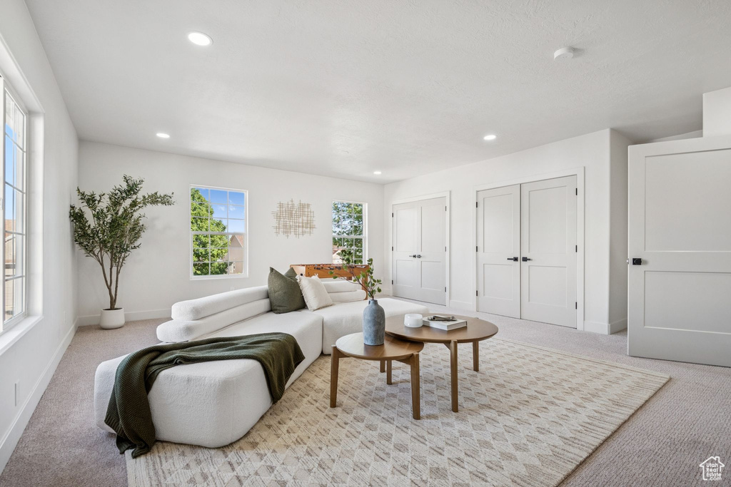 Living area with carpet and recessed lighting