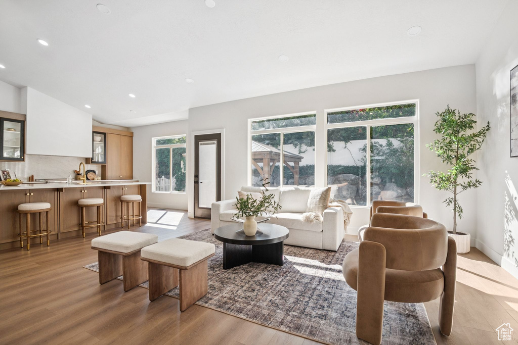 Living room featuring light wood-style flooring and recessed lighting