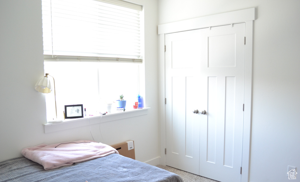 Bedroom with a closet and carpet flooring