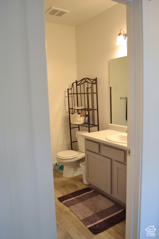 Bathroom with wood finished floors and vanity