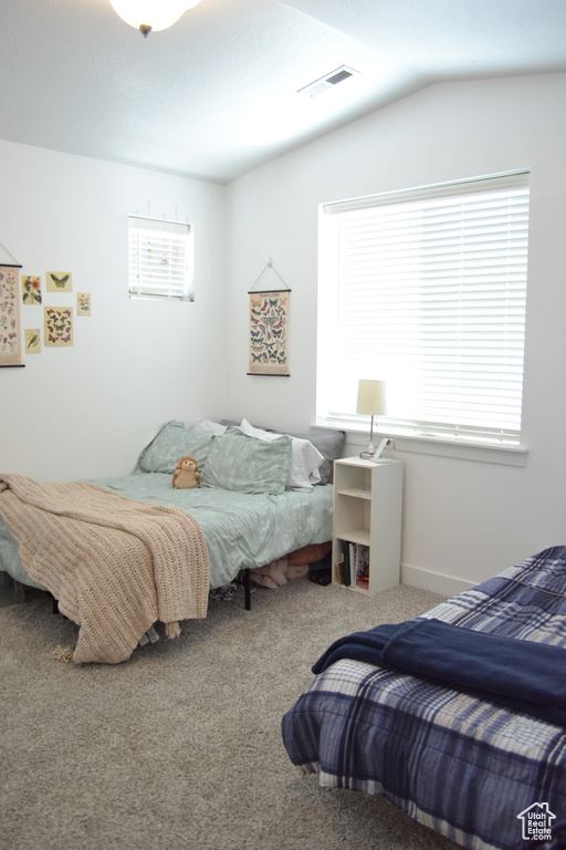 Bedroom with carpet and vaulted ceiling