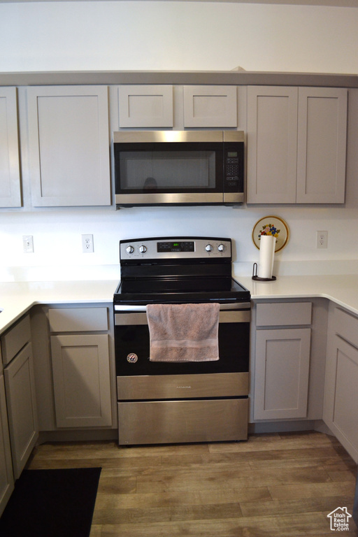Kitchen featuring stainless steel appliances, gray cabinets, and light countertops
