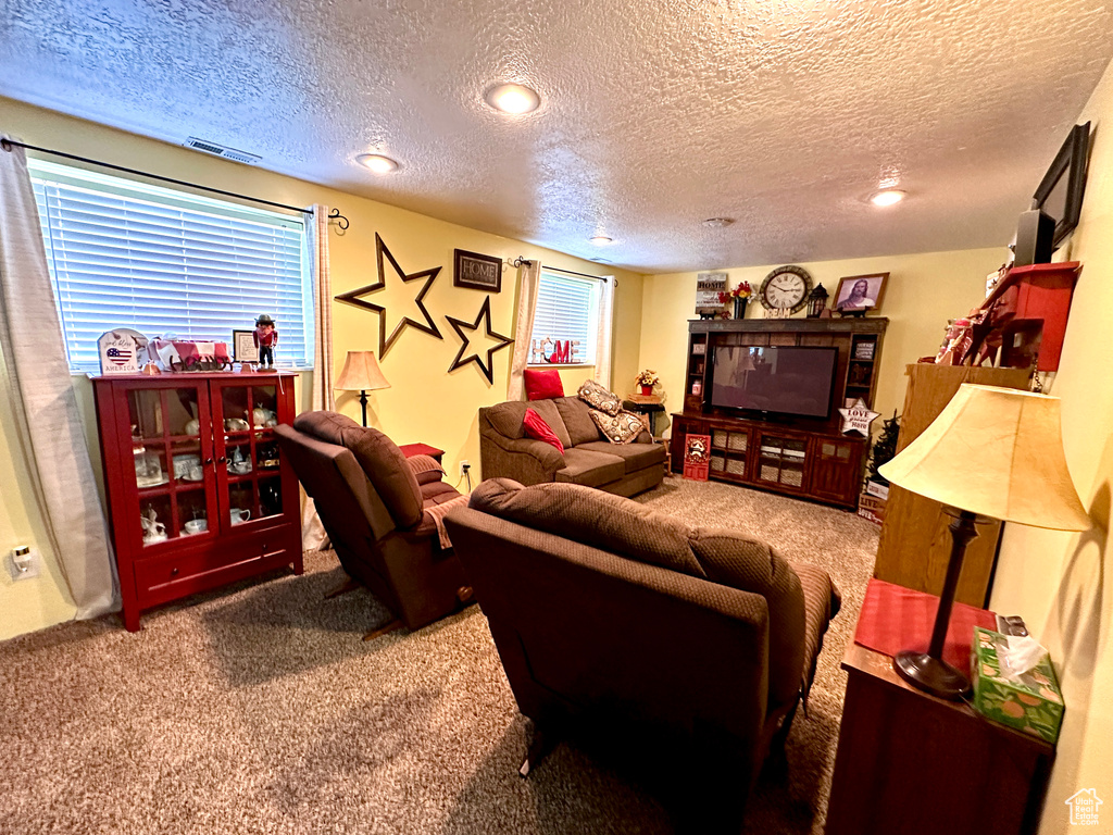 Carpeted living room with a textured ceiling and recessed lighting