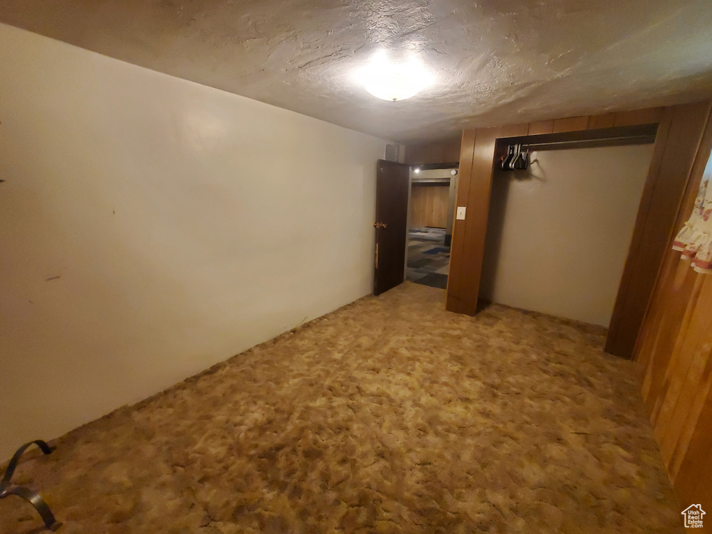 Finished below grade area featuring light carpet and a textured ceiling