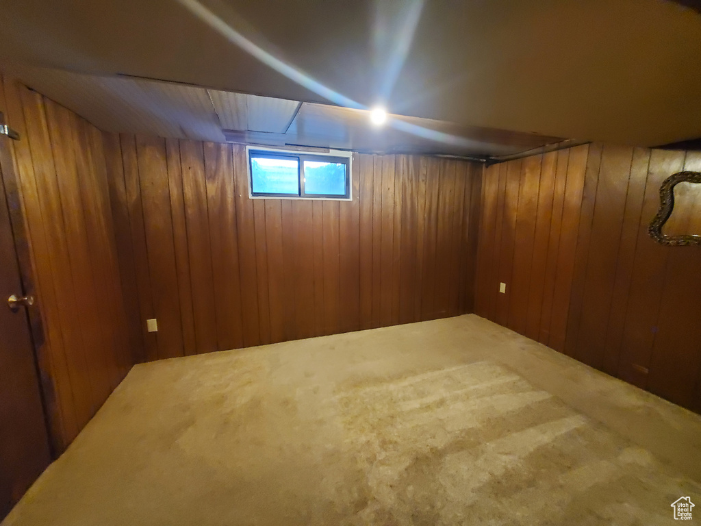 Below grade area with wooden walls and carpet flooring
