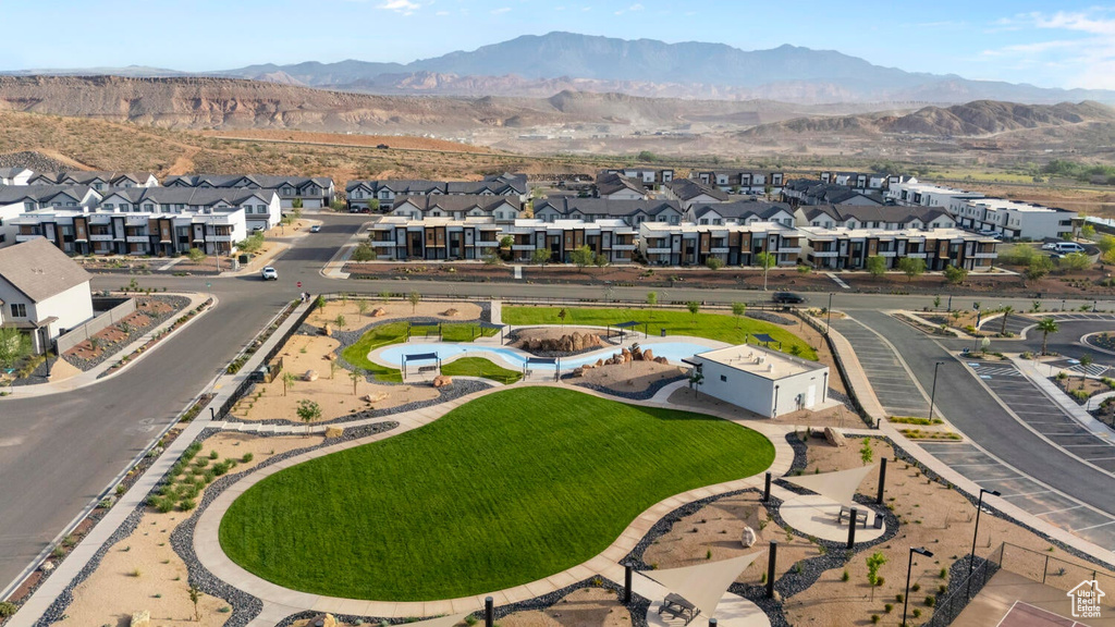 Aerial view of residential area with mountains