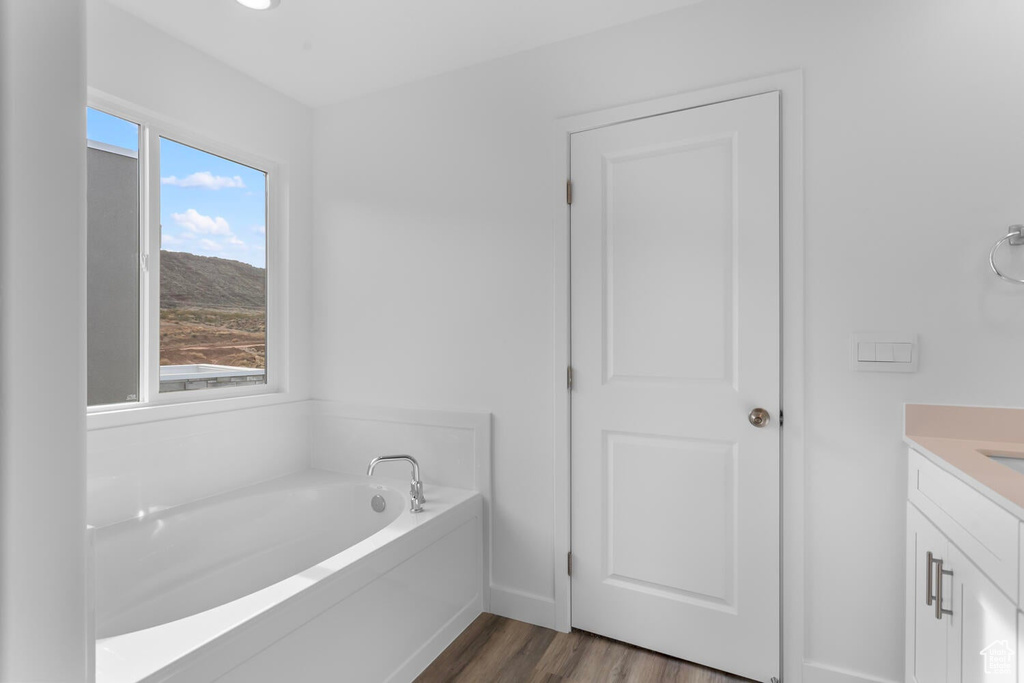 Bathroom with a garden tub, vanity, and wood finished floors