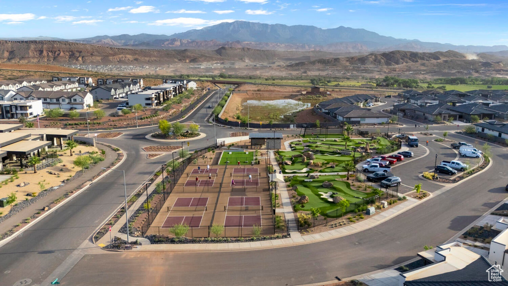 Aerial view of residential area with a mountain backdrop