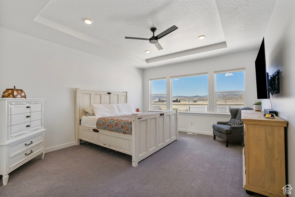 Bedroom with a raised ceiling, dark carpet, ceiling fan, a textured ceiling, and recessed lighting