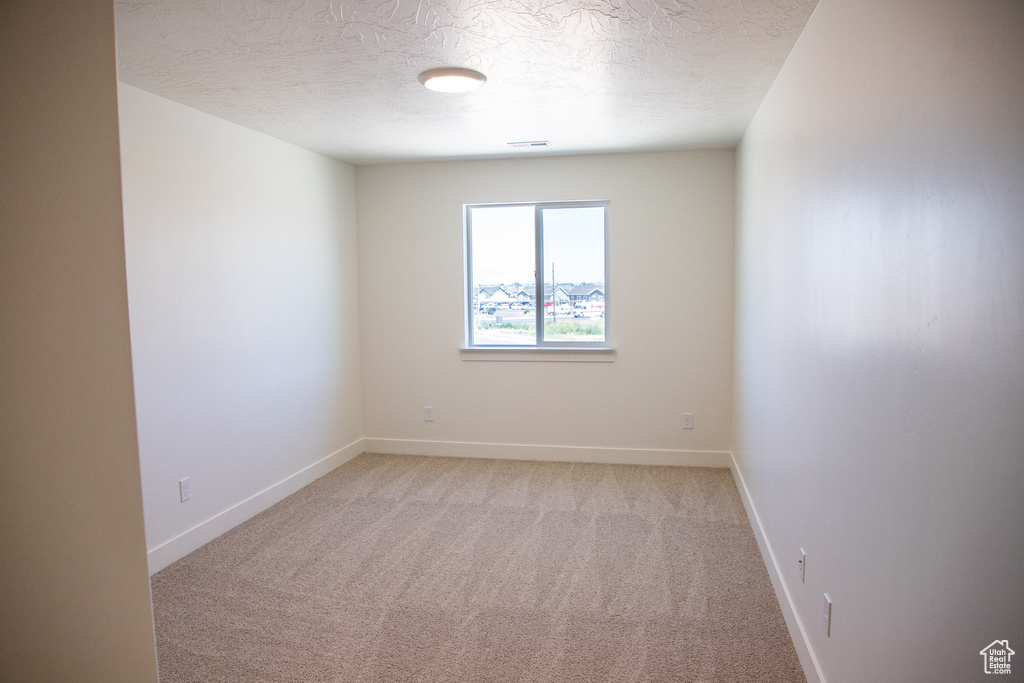 Spare room featuring light colored carpet and a textured ceiling