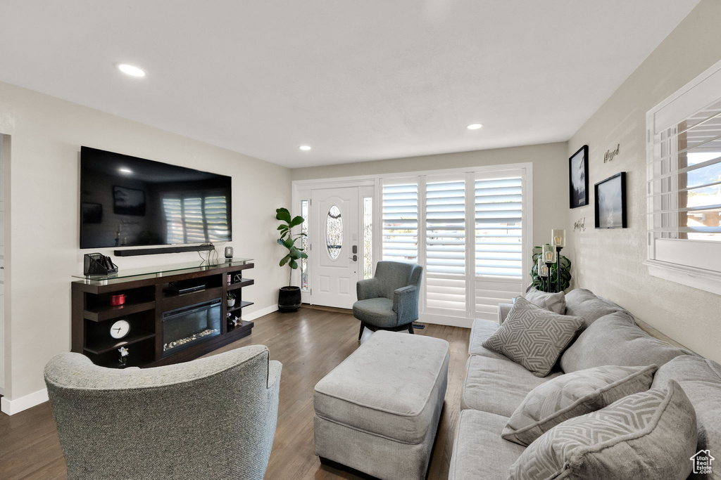 Living area featuring recessed lighting, dark wood-type flooring, and a glass covered fireplace