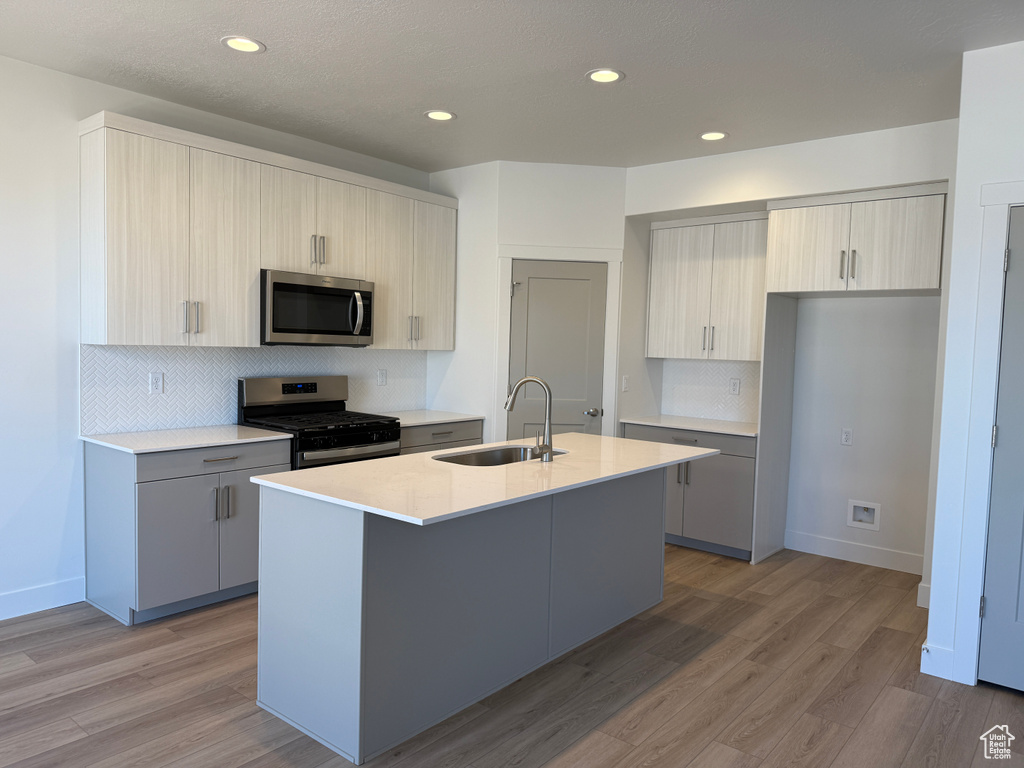 Kitchen featuring stainless steel appliances, light wood finished floors, light countertops, and recessed lighting