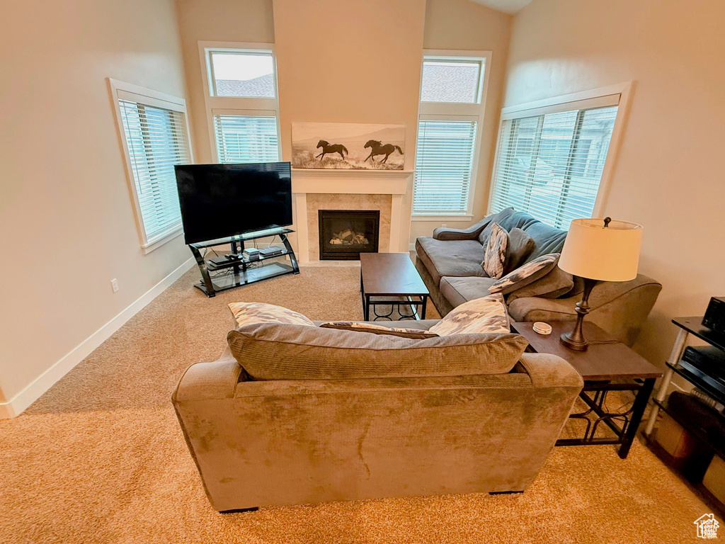 Living area with carpet floors, healthy amount of natural light, and a glass covered fireplace