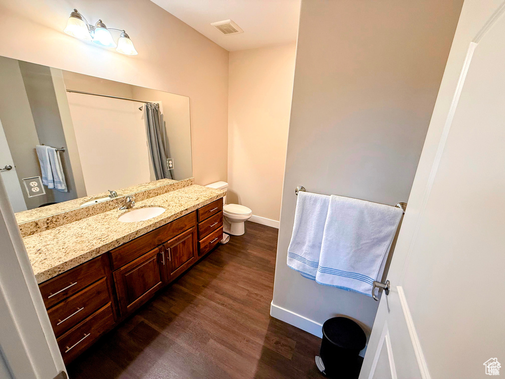 Bathroom featuring wood finished floors, vanity, and curtained shower