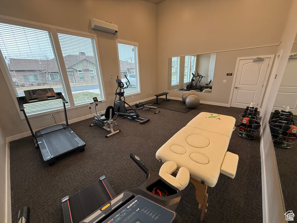Gym with baseboards and a towering ceiling