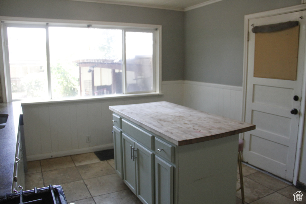 Kitchen featuring ornamental molding, healthy amount of natural light, wainscoting, a center island, and light tile patterned floors