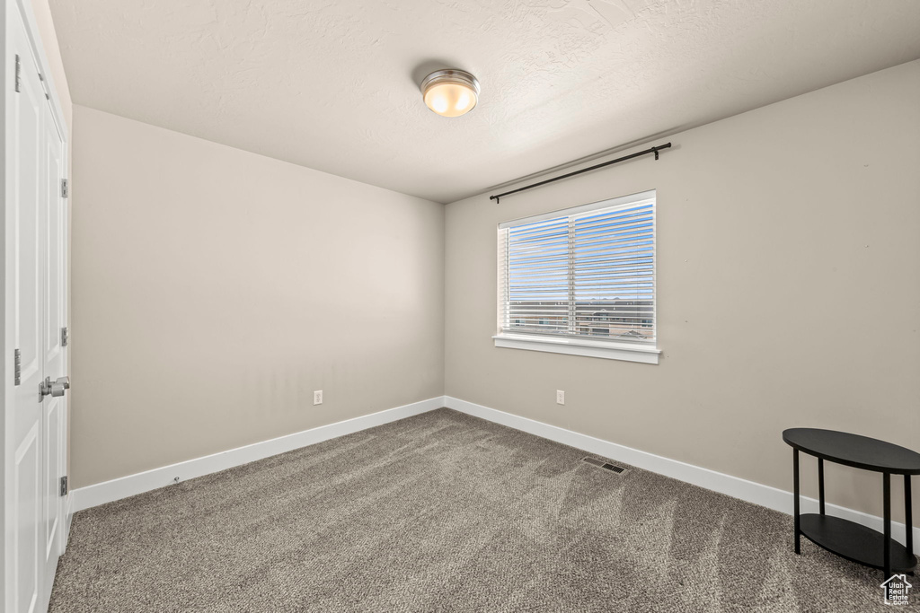 Unfurnished room with carpet and a textured ceiling