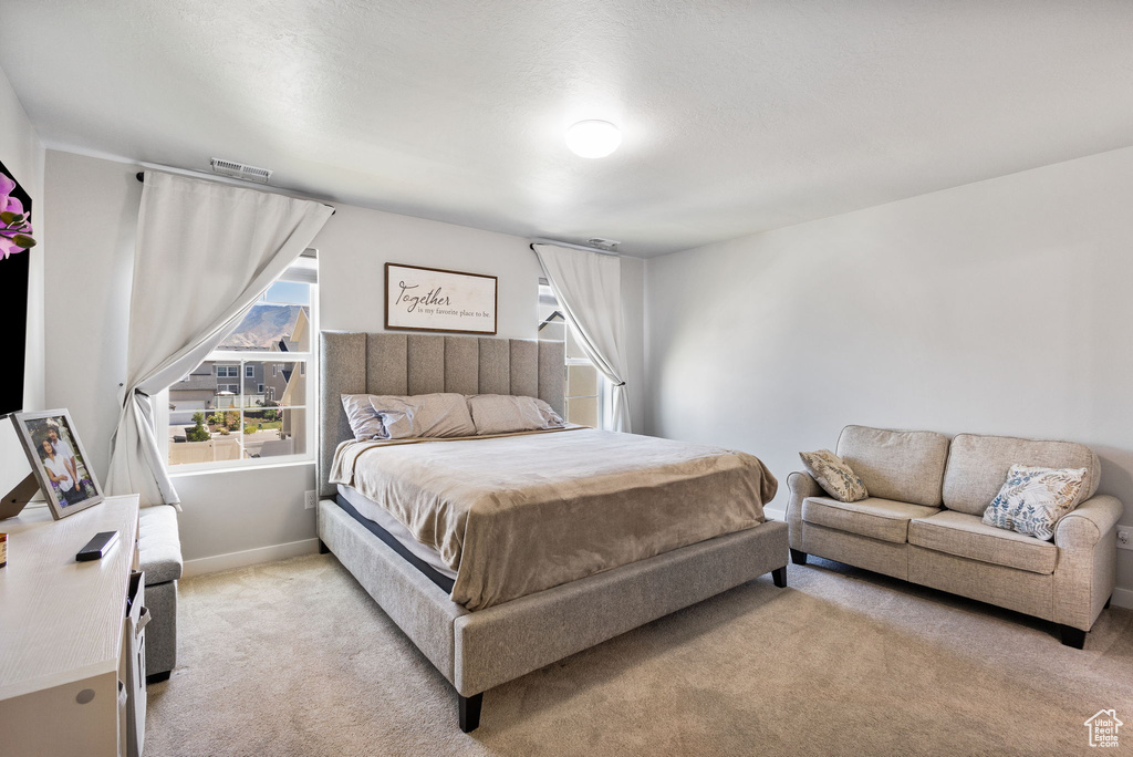 Bedroom with light carpet