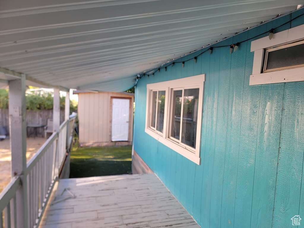 Wooden deck with a shed