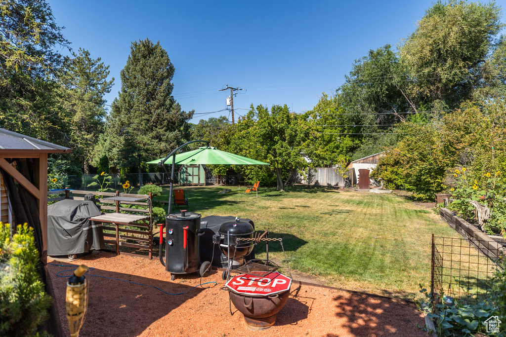 Fenced backyard featuring a vegetable garden