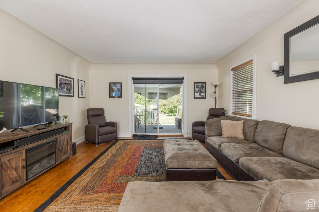 Living room featuring wood finished floors and healthy amount of natural light