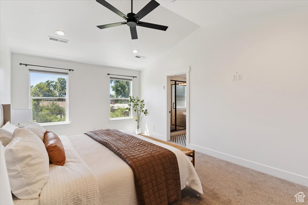 Bedroom featuring carpet, lofted ceiling, recessed lighting, and ceiling fan