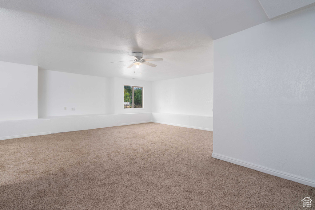 Unfurnished room featuring ceiling fan and carpet