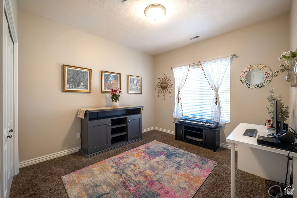 Home office with dark colored carpet and baseboards