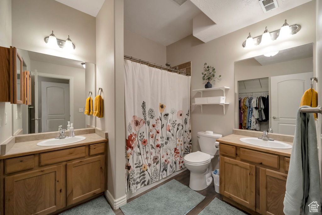 Full bathroom featuring vanity and a shower with curtain