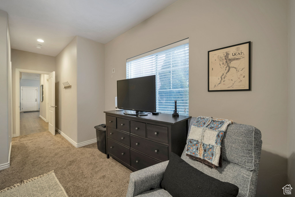 Sitting room featuring baseboards and carpet floors