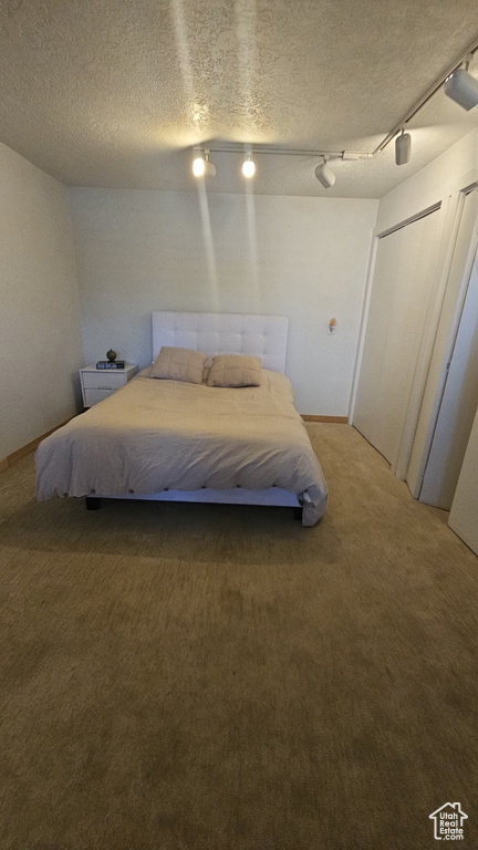 Bedroom with light colored carpet, rail lighting, and a textured ceiling