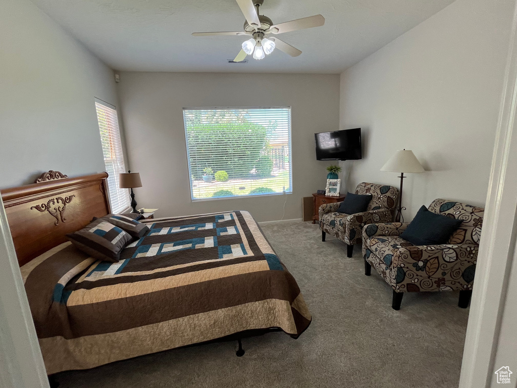 Bedroom featuring carpet, multiple windows, and a ceiling fan