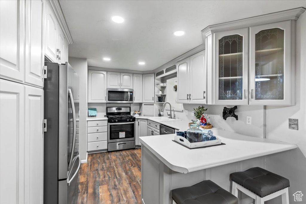 Kitchen with a peninsula, stainless steel appliances, open shelves, dark wood-style floors, and glass insert cabinets