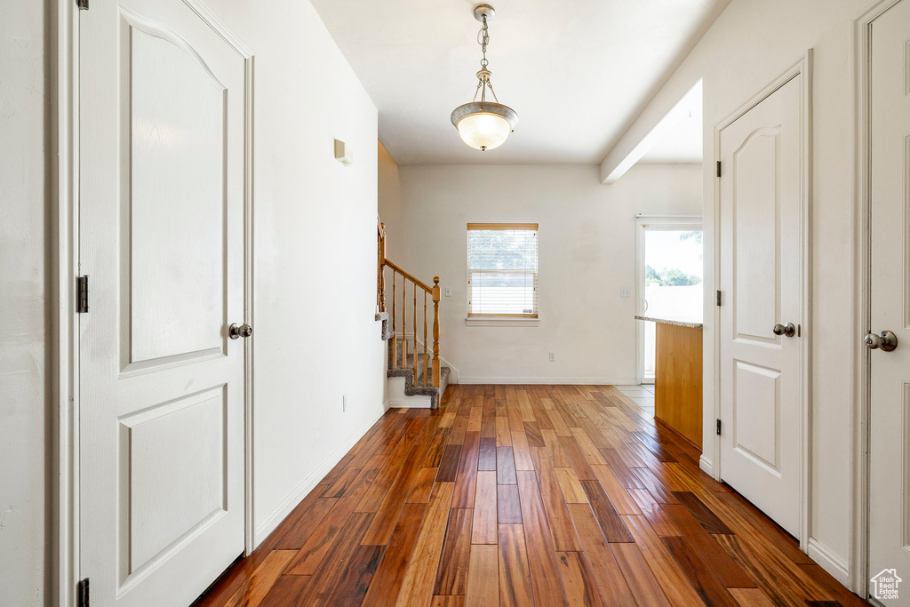 Foyer with stairs and wood-type flooring