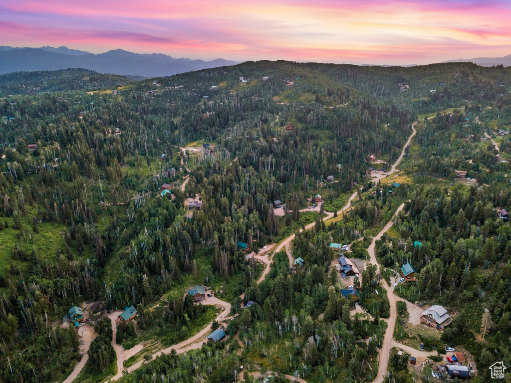 Aerial overview of property's location with a heavily wooded area and mountains