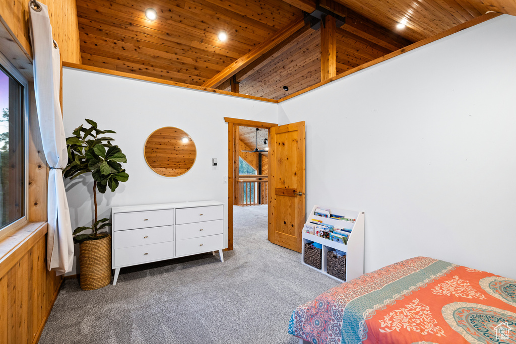 Bedroom featuring wood ceiling, carpet, recessed lighting, and high vaulted ceiling