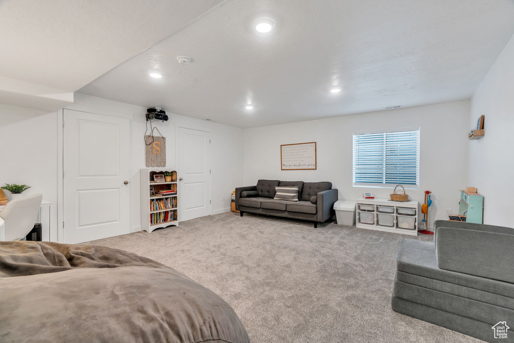 Living room featuring carpet and recessed lighting