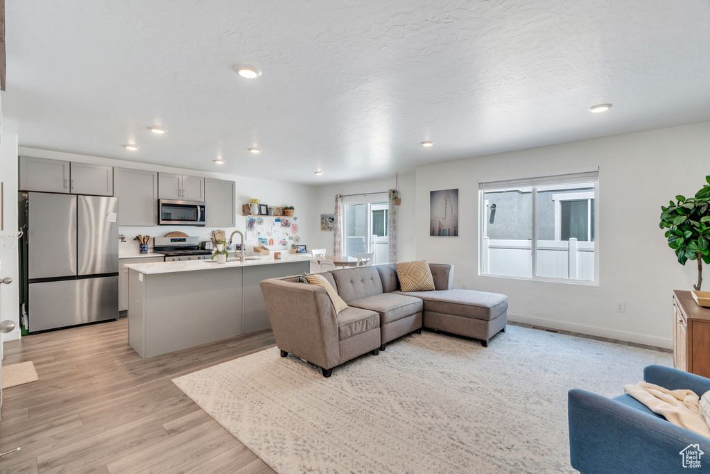 Living room featuring light wood-type flooring and recessed lighting