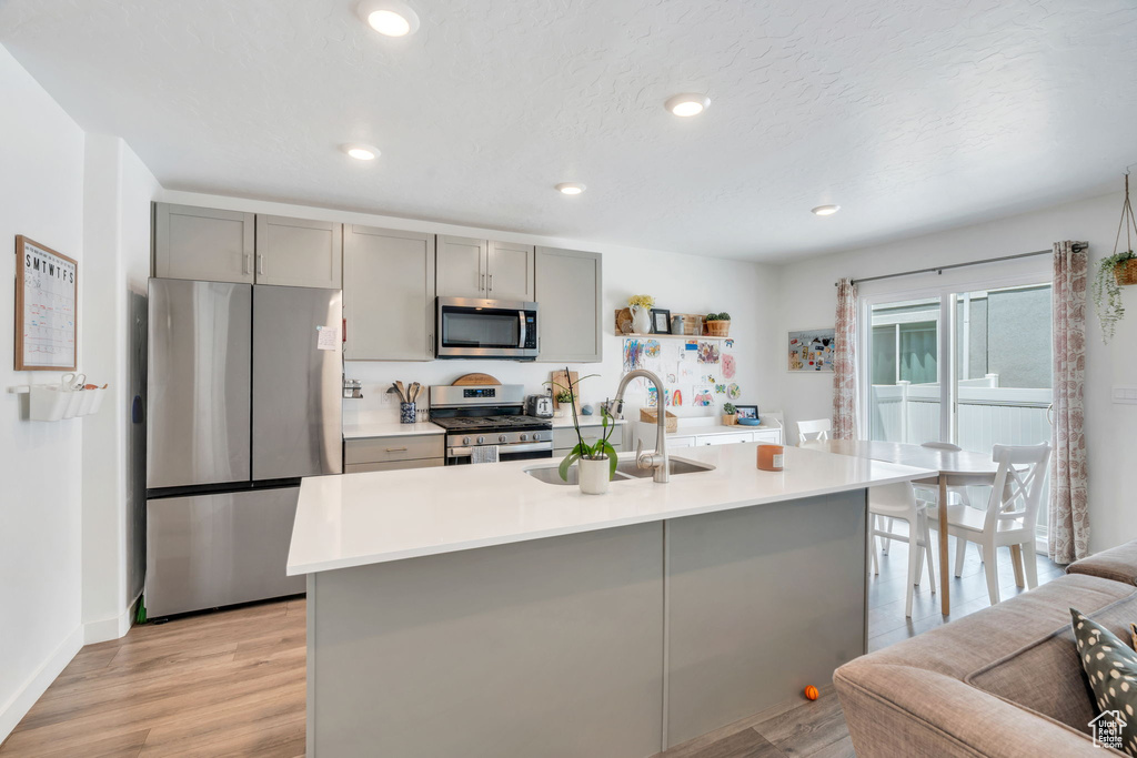 Kitchen featuring gray cabinets, stainless steel appliances, light countertops, light wood-style floors, and recessed lighting