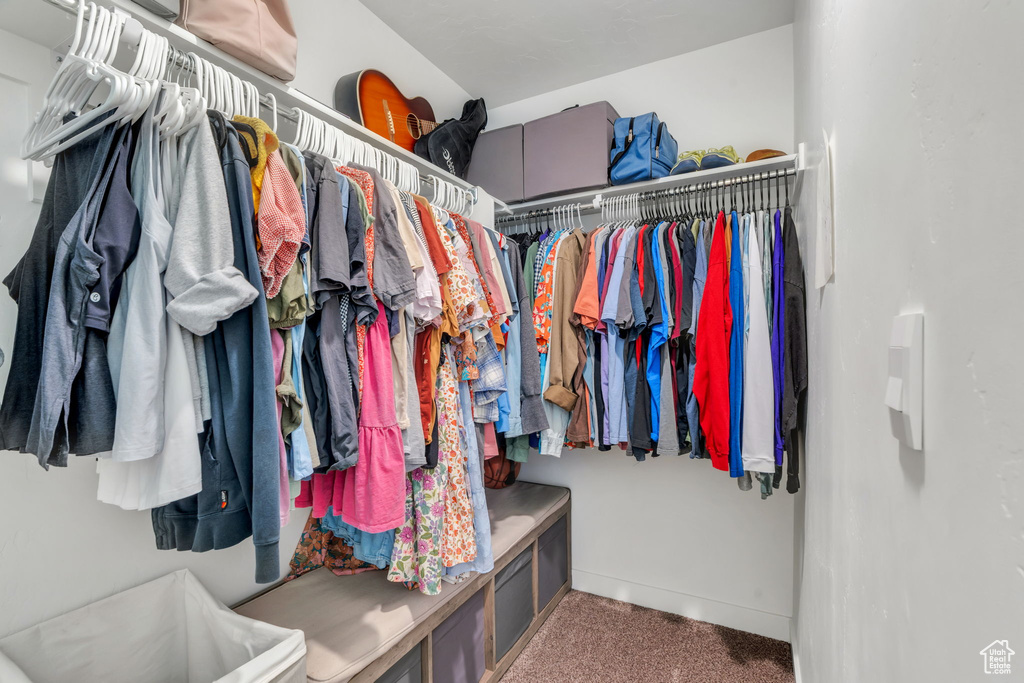 Walk in closet with carpet and a sink