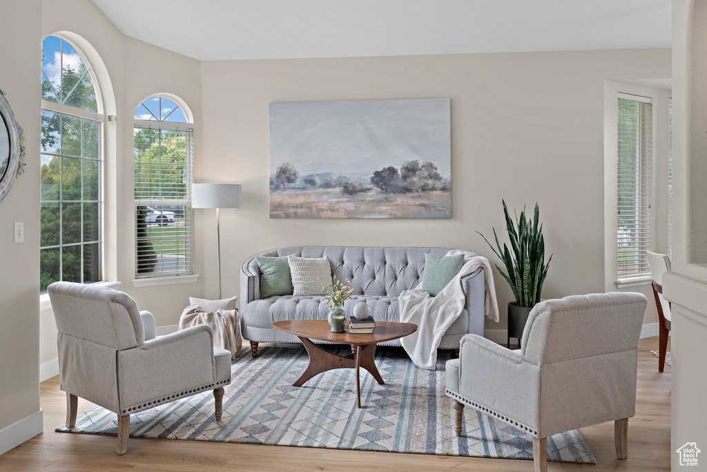 Living room with wood finished floors and vaulted ceiling