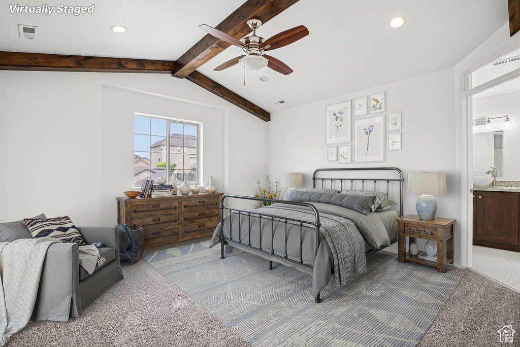 Bedroom featuring light colored carpet, recessed lighting, ensuite bath, and ceiling fan