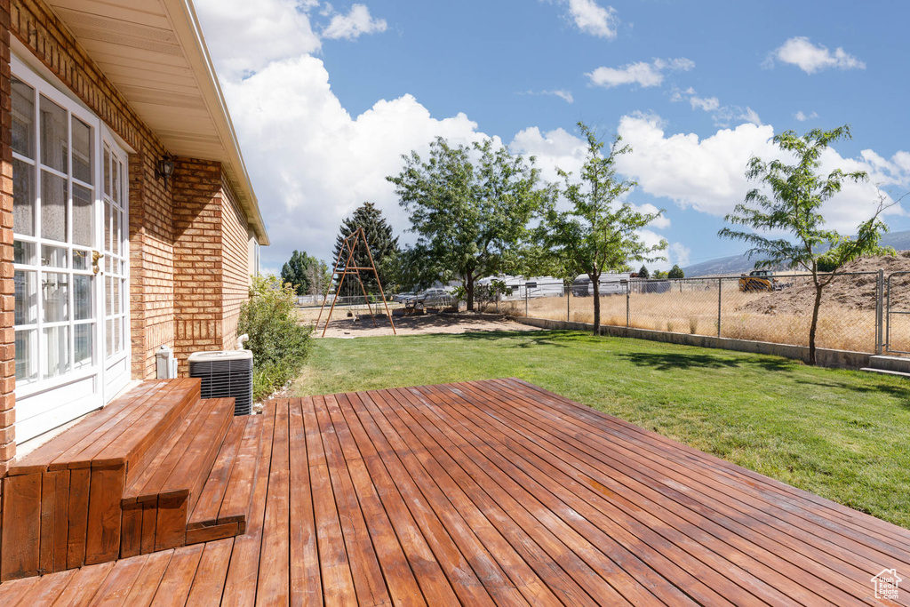 Wooden deck featuring a fenced backyard