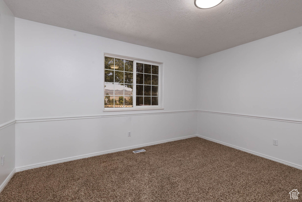 Carpeted empty room with a textured ceiling and baseboards