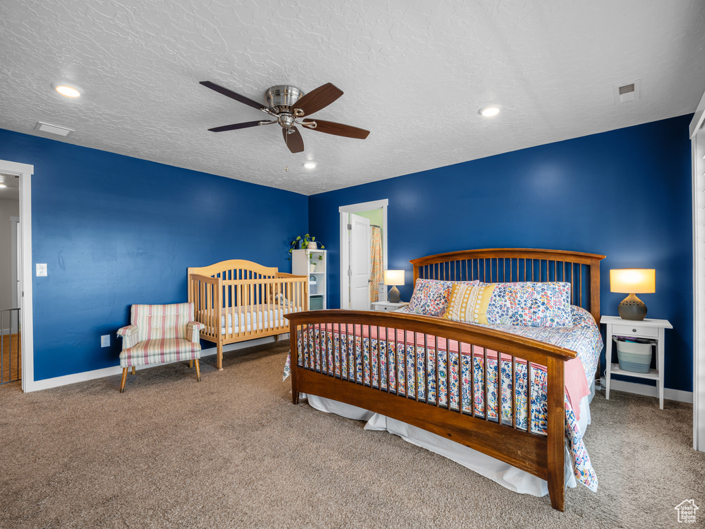 Bedroom featuring carpet, recessed lighting, and ceiling fan