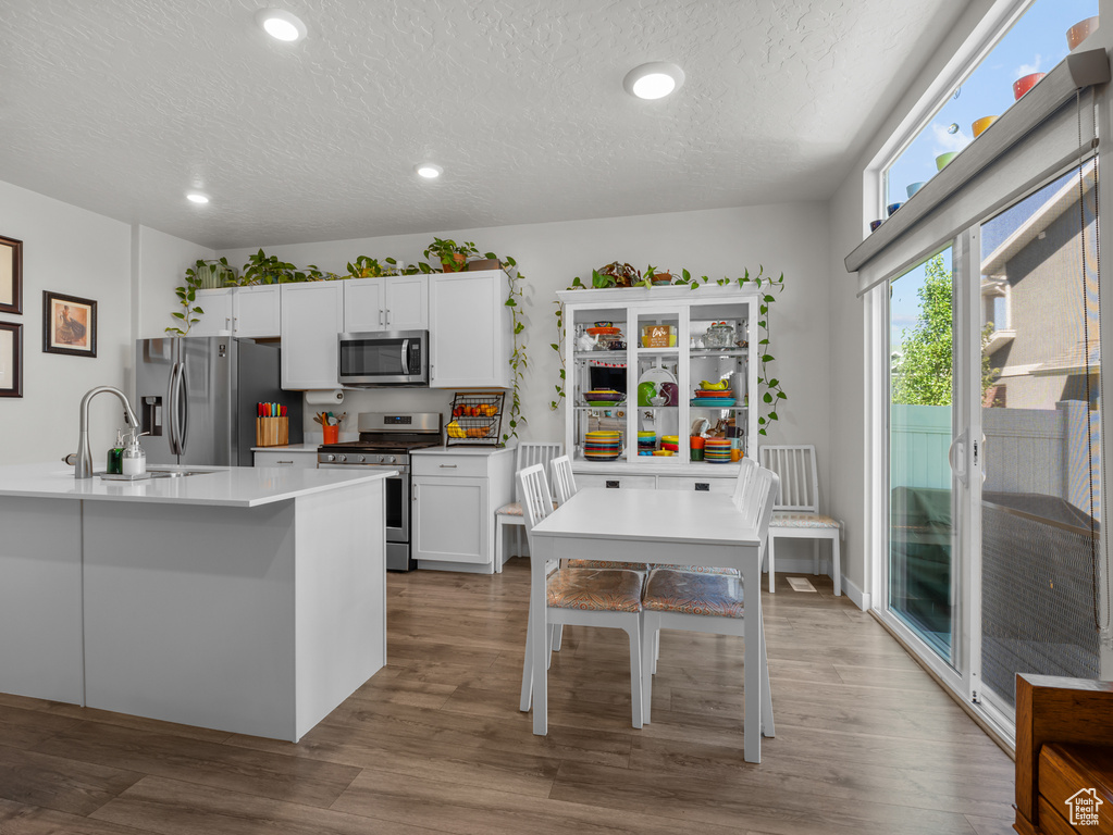 Kitchen featuring appliances with stainless steel finishes, a textured ceiling, white cabinetry, wood finished floors, and recessed lighting