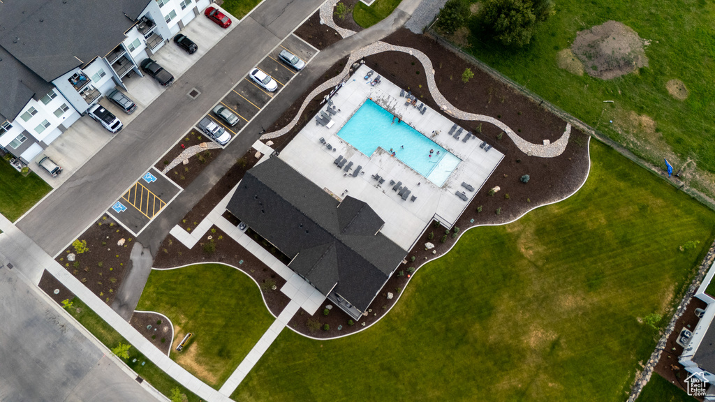 Drone / aerial view of a pool area