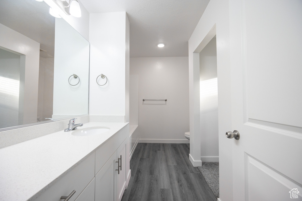 Full bathroom featuring vanity, wood finished floors, and a bath